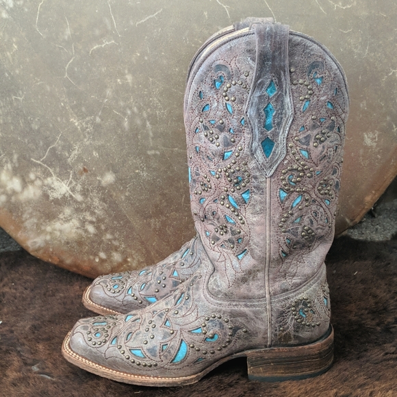 CORRAL A1149 brown studded leather cowgirl western boots turquoise inlay sz 7 - Picture 3 of 16